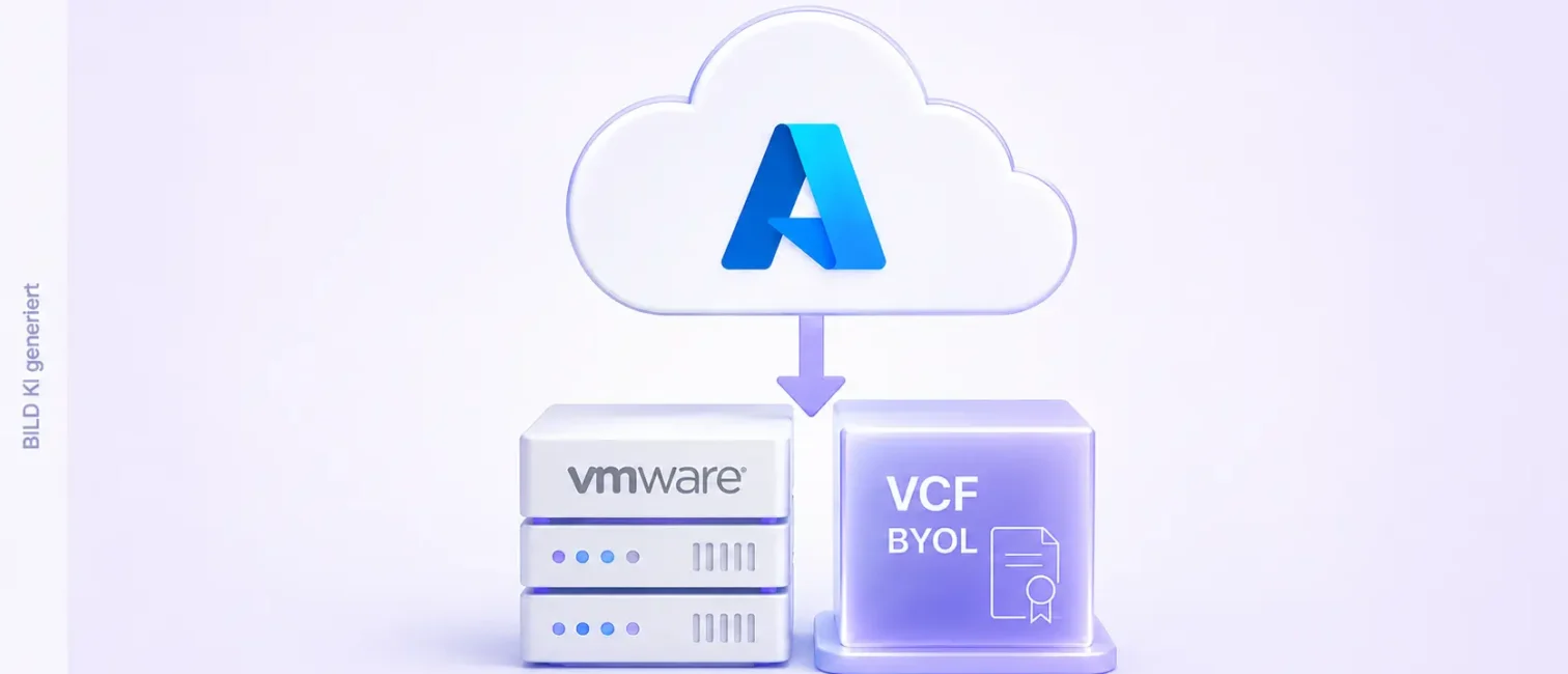 Helles Cloud-Keyvisual zu Azure VMware Solution mit Lizenzsymbol und Fristen für den Wechsel auf VCF BYOL.