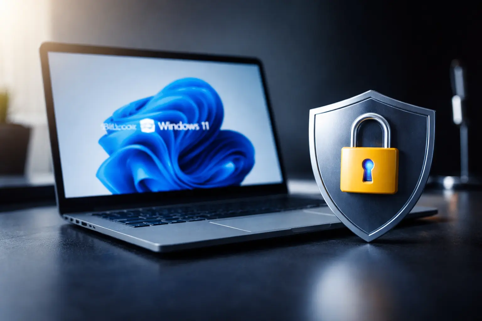 Minimalistische Darstellung eines Windows-Laptops mit BitLocker-Sicherheitsanzeige in einer modernen, dunklen IT-Umgebung, rechts im Bild gewichtet.