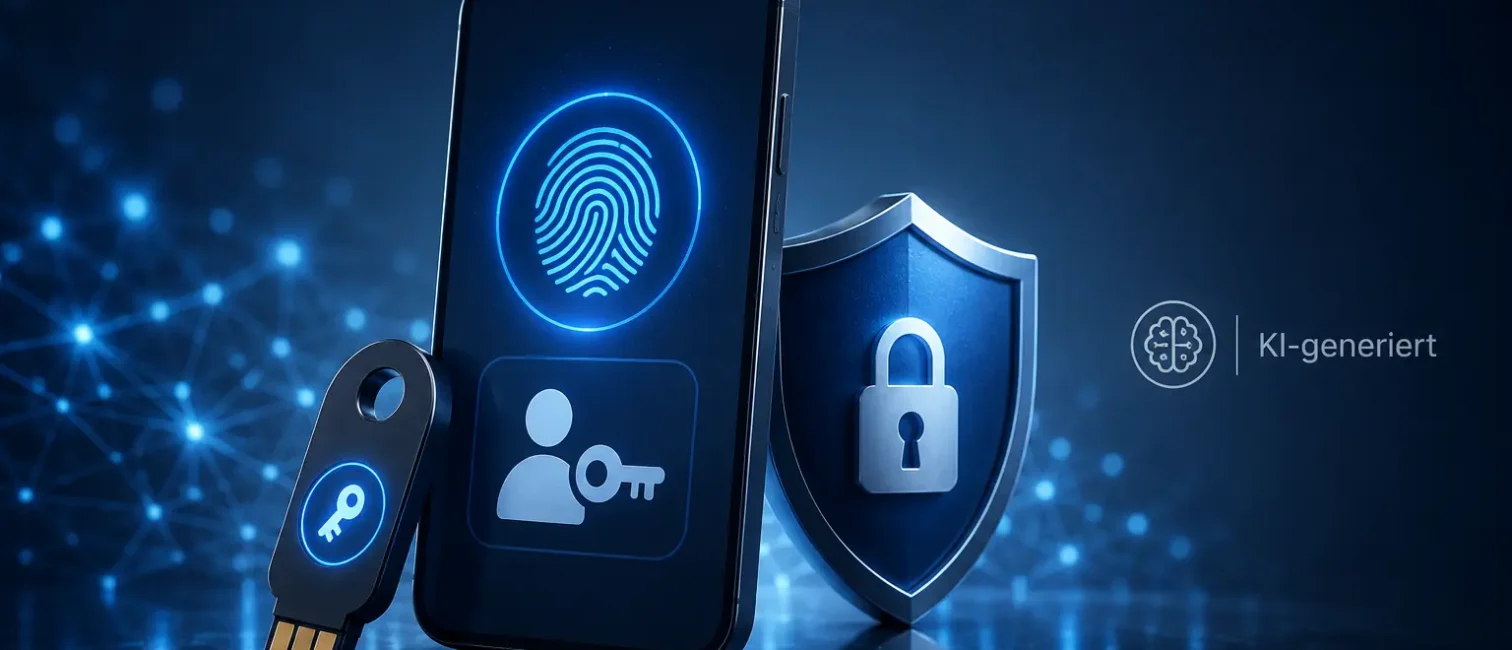 Smartphone mit Fingerabdruck-Symbol, Sicherheitsschlüssel und Schutzschild als Visual für Passkeys und sichere Anmeldung in Microsoft Entra.