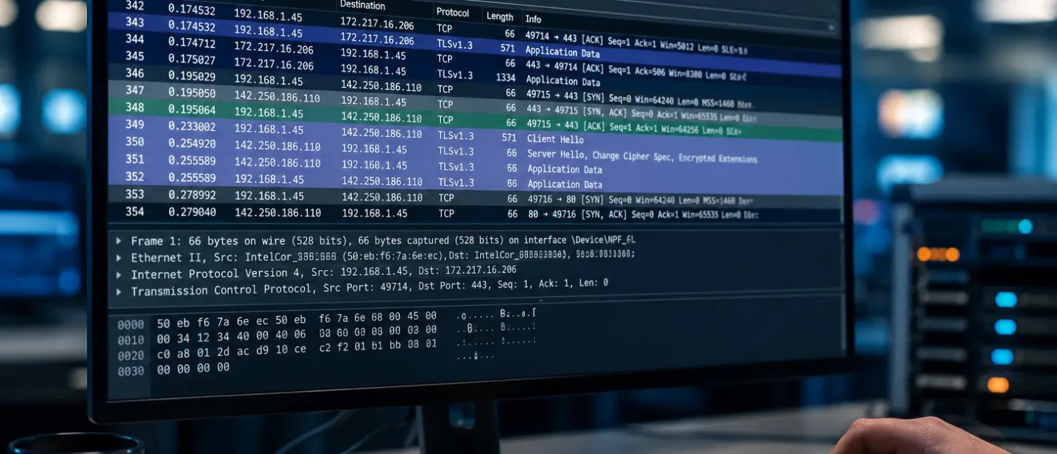 Fotorealistische Netzwerk-Analyse mit Wireshark auf einem Monitor in einer professionellen IT-Umgebung.