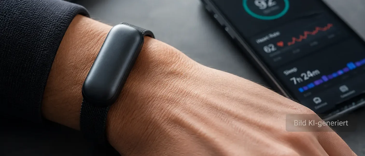 Fotorealistisches Wearable ohne Display am Handgelenk, daneben ein Smartphone mit Gesundheits- und Fitnessdaten.