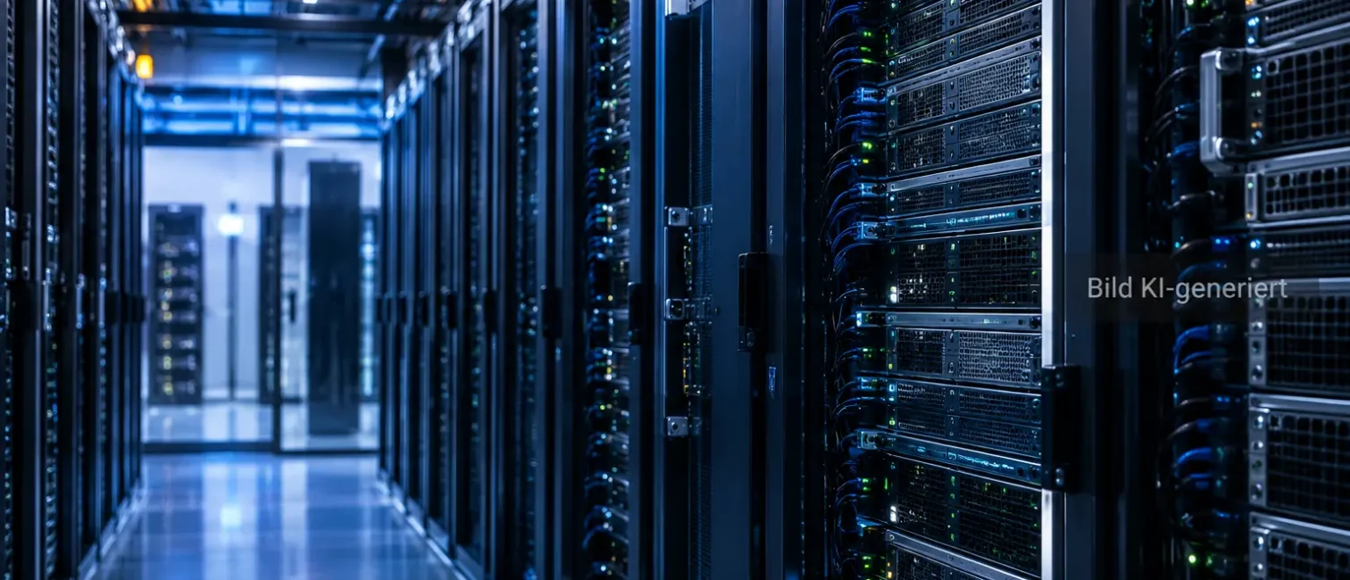 Fotorealistisches KI-Rechenzentrum mit dicht bestückten Serverracks, Verkabelung und moderner Hochleistungsinfrastruktur.