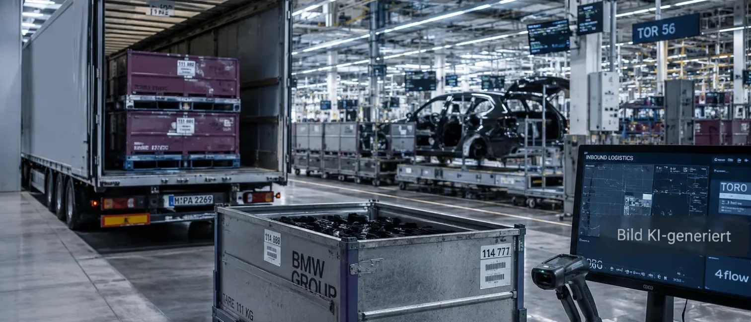 Fotorealistische BMW-Produktionslogistik mit Lkw, Transportbehältern und digitaler Steuerung für Material- und Transportplanung.