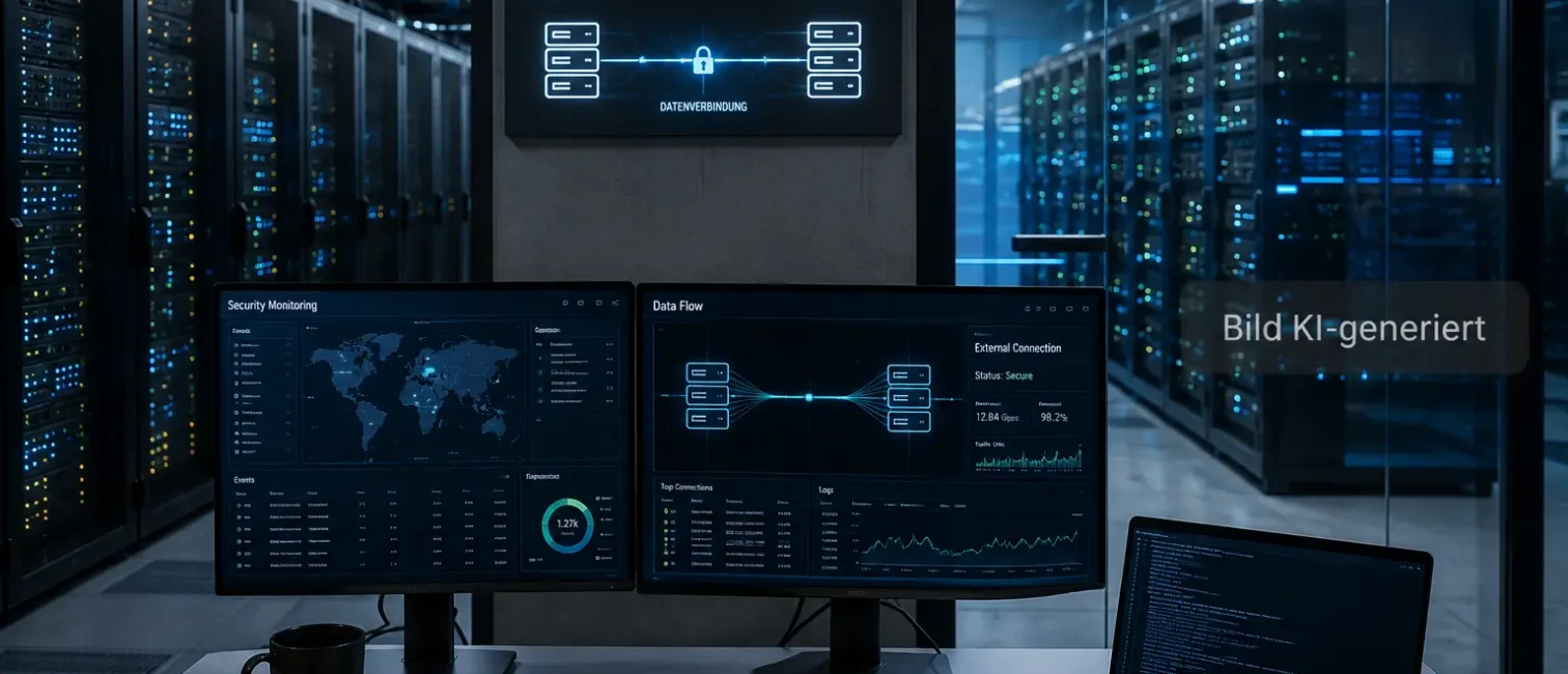 Fotorealistisches Security-Monitoring in einem Rechenzentrum mit visualisierter Datenverbindung zu einem externen IT-Dienstleister.