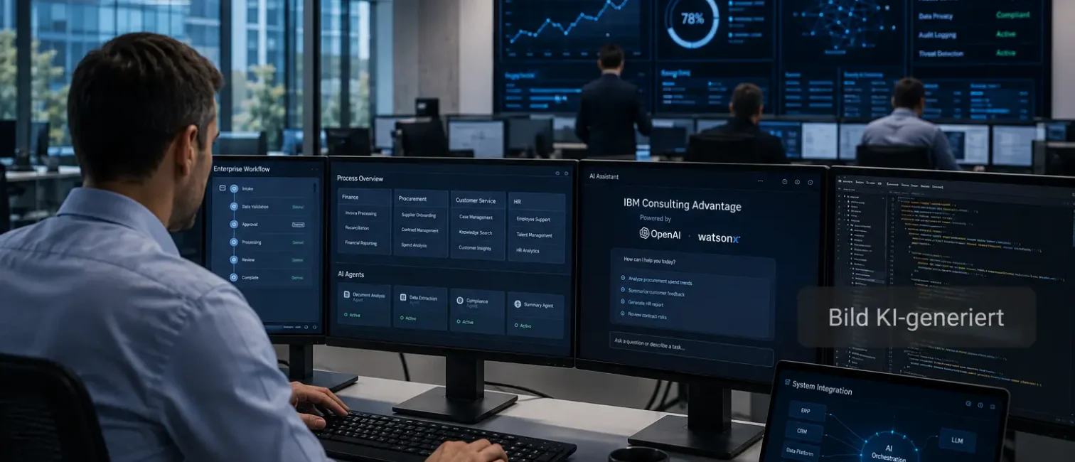 Fotorealistischer Enterprise-KI-Arbeitsplatz mit Dashboards für Workflows, KI-Agenten, Code und Systemintegration.
