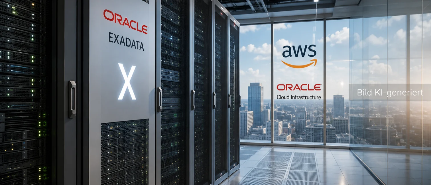 Fotorealistisches Rechenzentrum mit Oracle-Exadata-Servern sowie AWS- und Oracle-Cloud-Bezug als Symbol für die vertiefte Cloud-Partnerschaft.