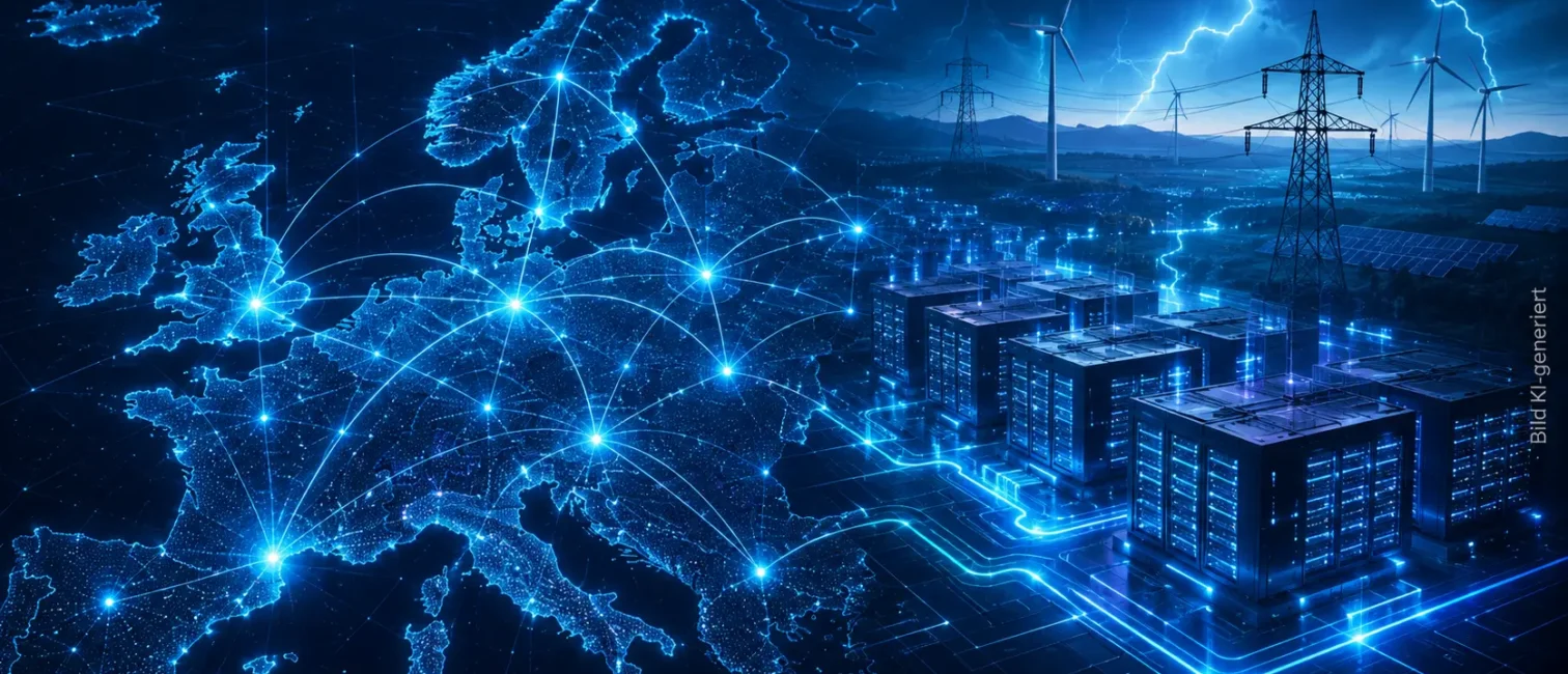 KI-generierte Illustration einer digital vernetzten Europakarte mit mehreren Rechenzentren, Stromtrassen und Windkraftanlagen als Symbol für den Ausbau souveräner KI-Infrastruktur in Europa.