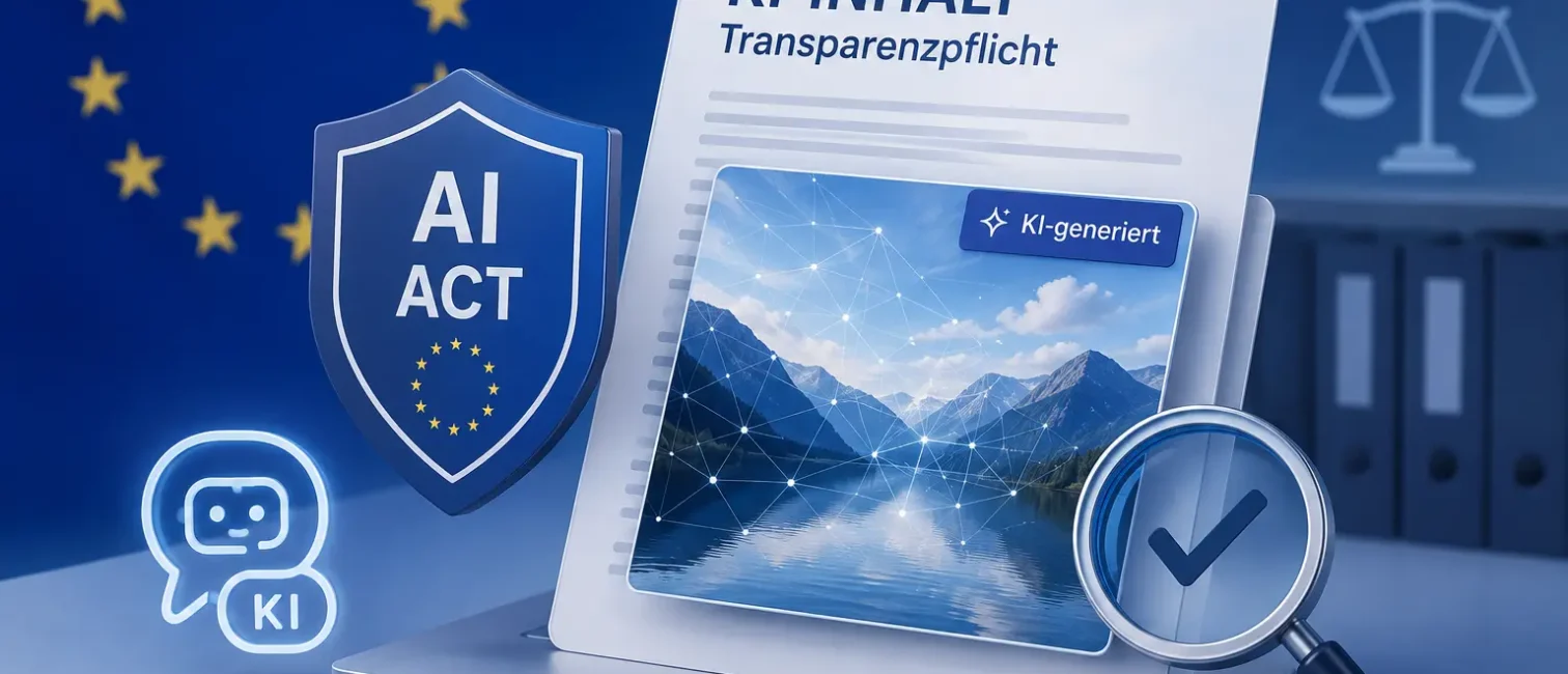 Illustration zum EU AI Act mit KI-generiertem Inhalt, Chatbot, Prüf-Symbol und Hinweis auf Transparenzpflichten.