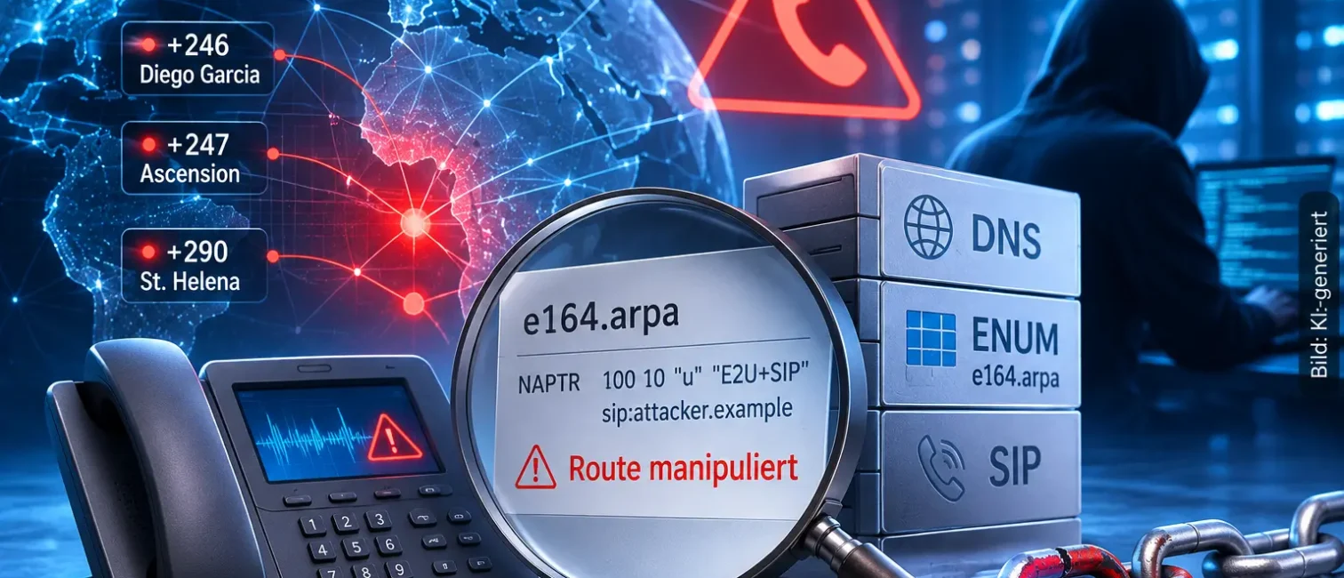 Illustration zu ENUM-Hijacking mit manipulierten DNS-Routen, Telefonanlage und den Ländervorwahlen +246, +247 und +290.