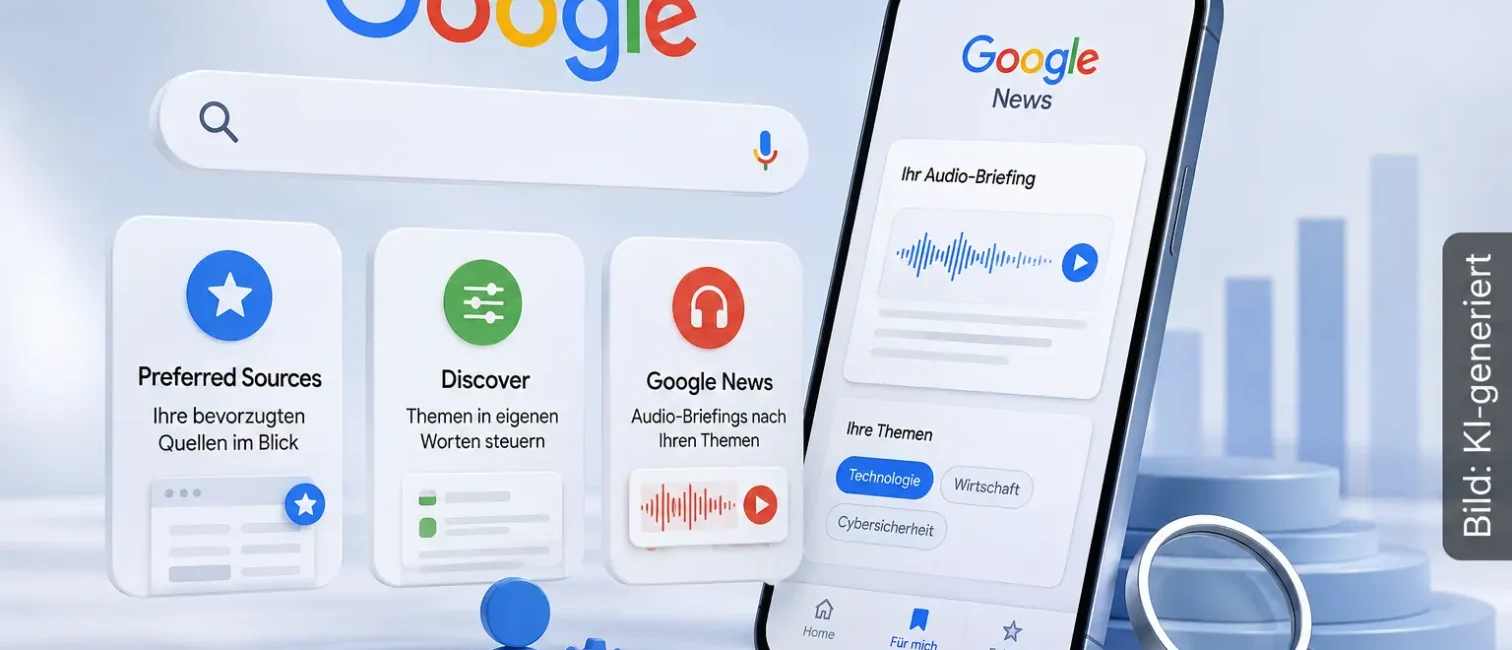 Redaktionelle 3D-Illustration zur Google-Personalisierung mit Suche, Discover, News und Audio-Briefing.