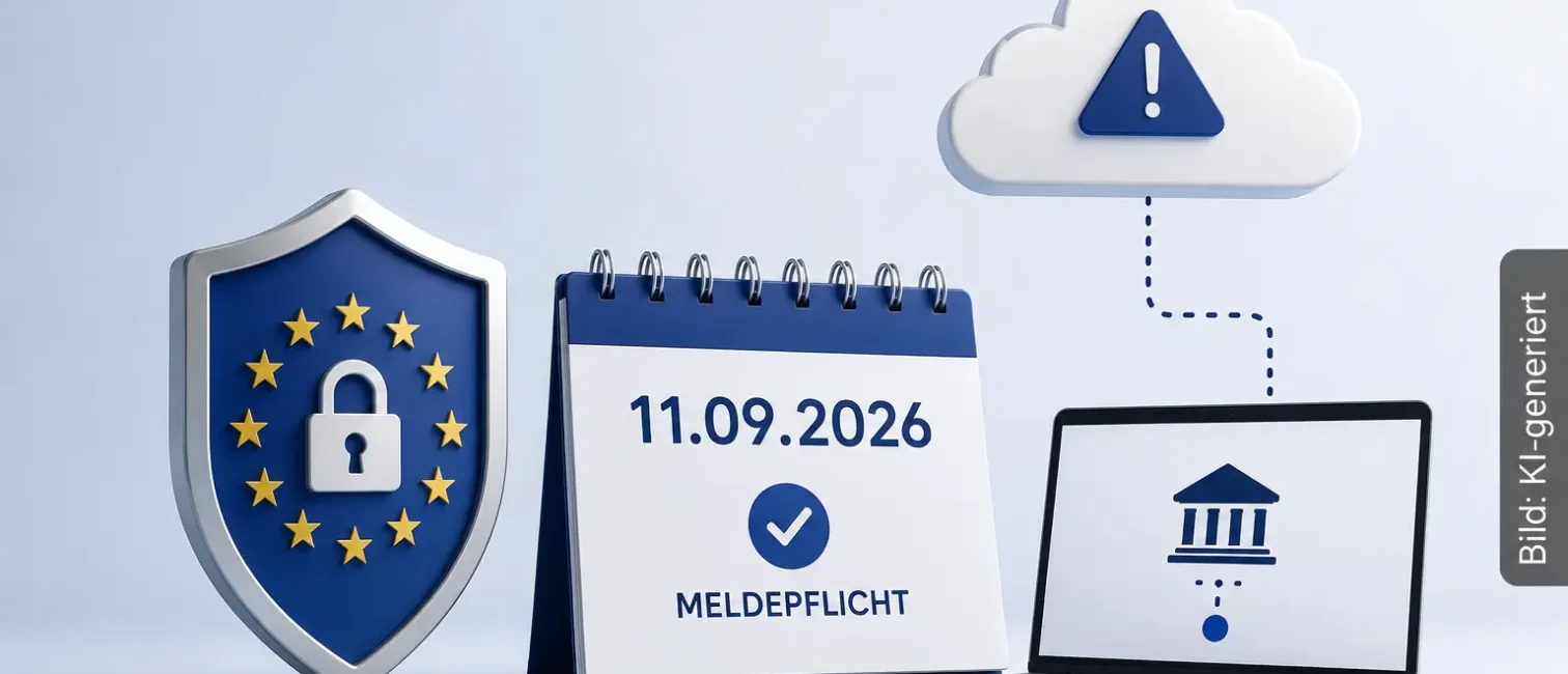 3D-Illustration zum Cyber Resilience Act mit EU-Schild, Stichtag 11.09.2026 und digitaler Meldeplattform.