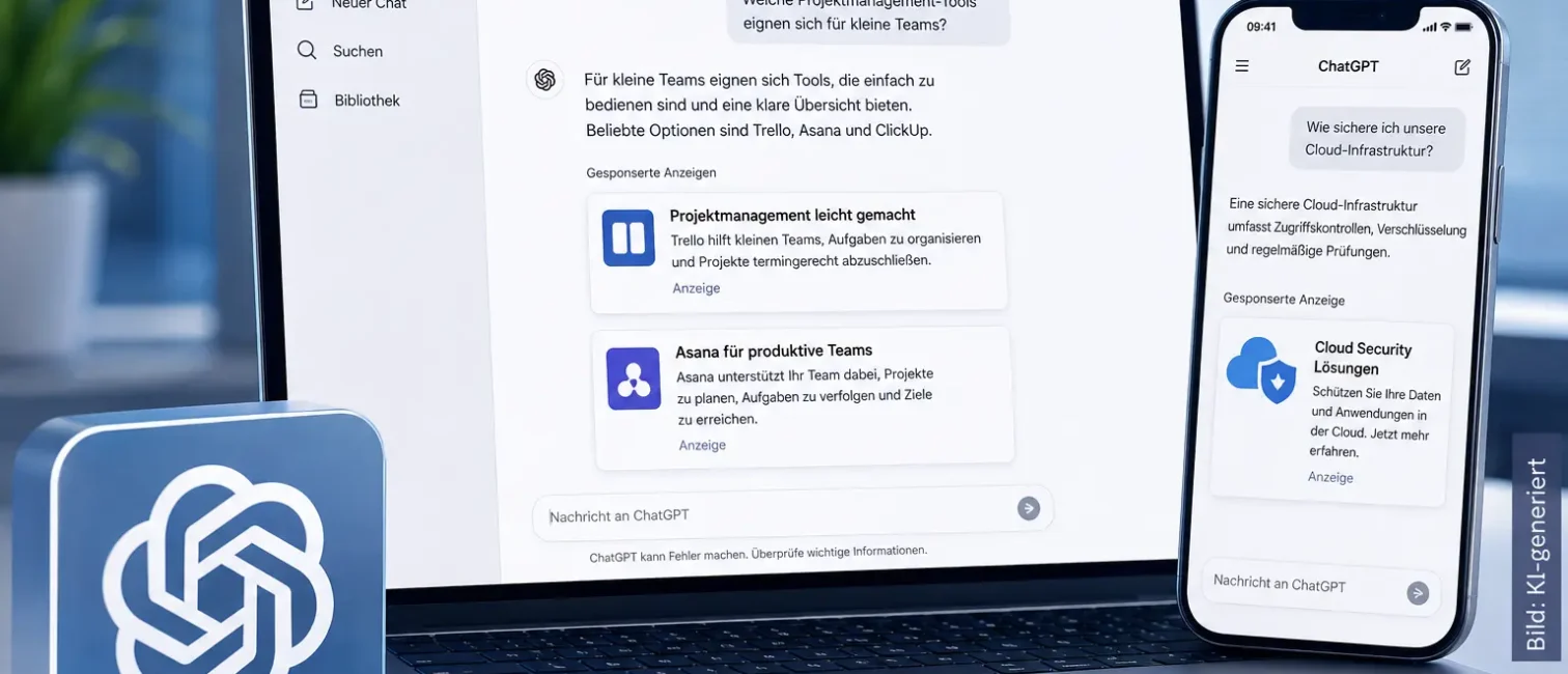 ChatGPT-Oberfläche auf Laptop und Smartphone mit eingeblendeten Werbeanzeigen in moderner B2B-Tech-Optik.