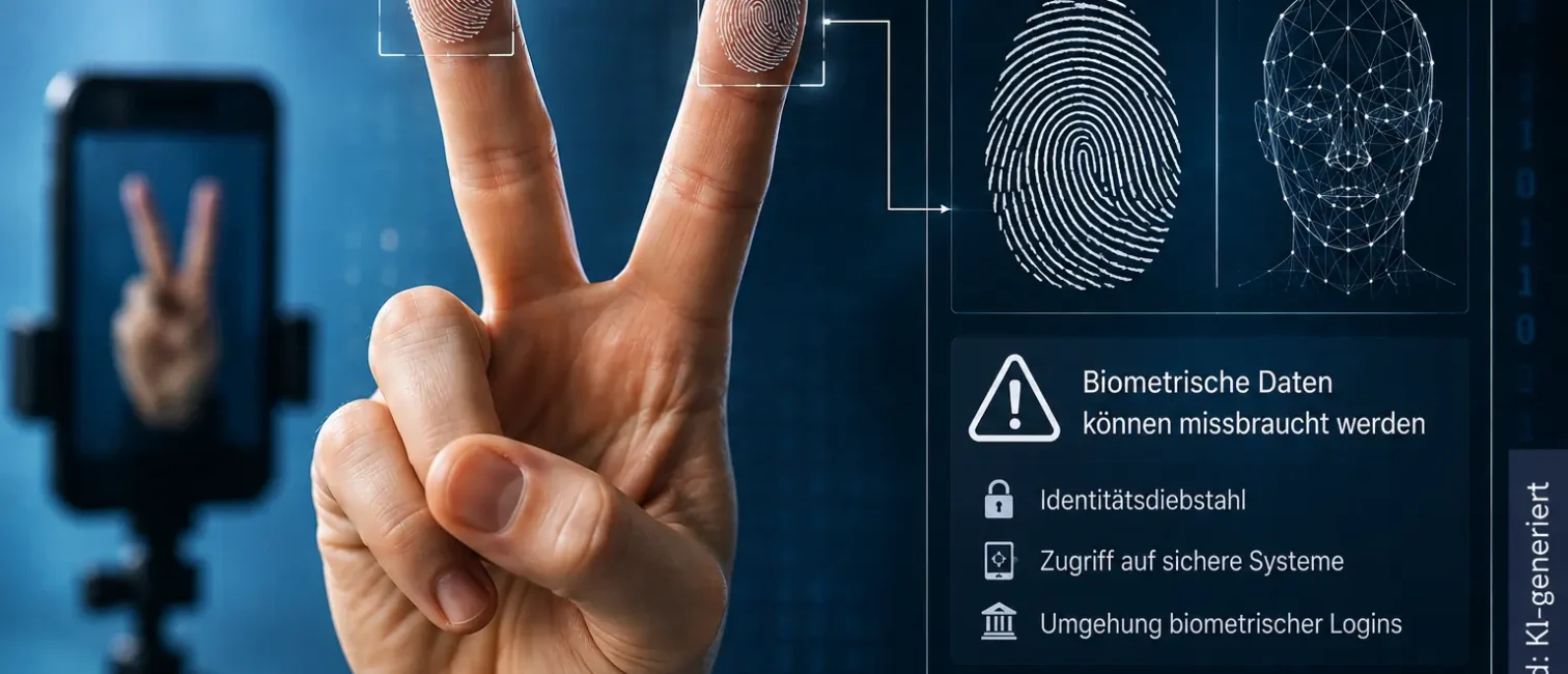 Peace-Zeichen vor einer Kamera mit hervorgehobenen Fingerabdrücken und digitaler Analyse biometrischer Daten.