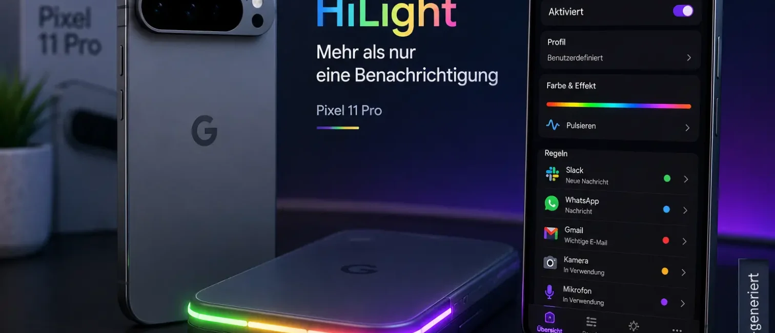 Google Pixel 11 Pro mit HiLight-LED und HiLight Studio zur Steuerung von Farben, Effekten und App-Regeln.