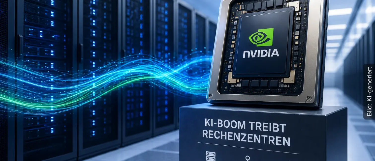 Nvidia-GPU vor Serverracks mit Datenströmen in einem modernen KI-Rechenzentrum.