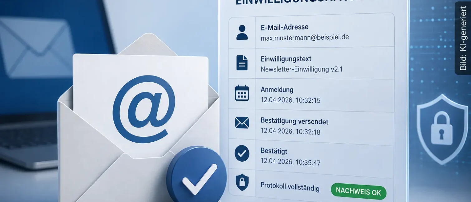 E-Mail-Symbol und digitaler Einwilligungsnachweis mit Bestätigung, Zeitstempel und Sicherheitssymbolen.