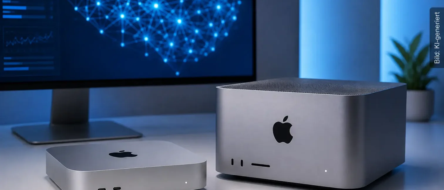 Kompakte Apple-Desktop-Rechner vor einem Monitor mit abstrahiertem KI-Netzwerk in kühler blauer Arbeitsumgebung.