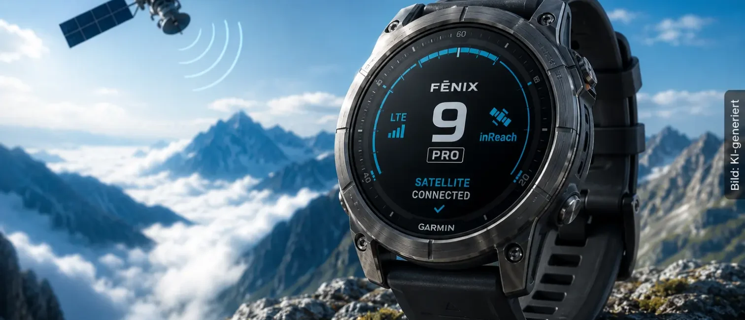 Rugged Smartwatch vor abstrahierter Erde mit Satellitenverbindung als Symbol für die Garmin Fenix 9.