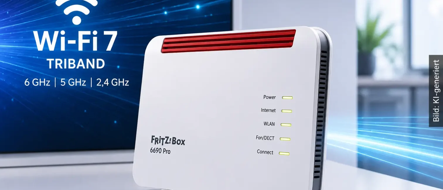 Alt-Text: Reduzierte 3D-Szene einer FRITZ!Box 6690 Pro mit abstrahierten Wi-Fi-7-Funkwellen auf hellem Technik-Hintergrund.