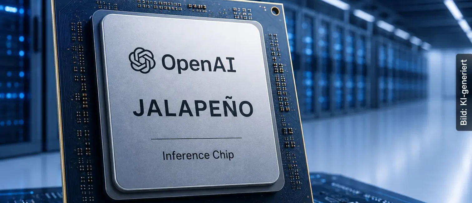 Abstrakte KI-Chip-Architektur mit zentralem Prozessor und Datenpfaden als Symbol für OpenAI Jalapeño.