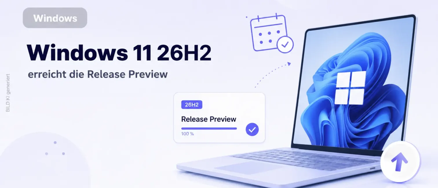 Windows 11 26H2 erreicht die Release Preview – Illustration mit Laptop, Windows-11-Desktop und Update-Anzeige.