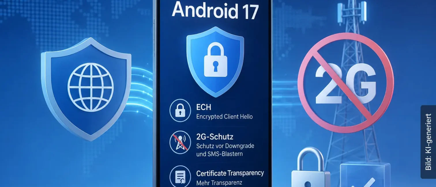 Android-17-Smartphone mit ECH-Schutz, gesperrtem 2G-Signal und Symbolen für sichere Netzwerkverbindungen.