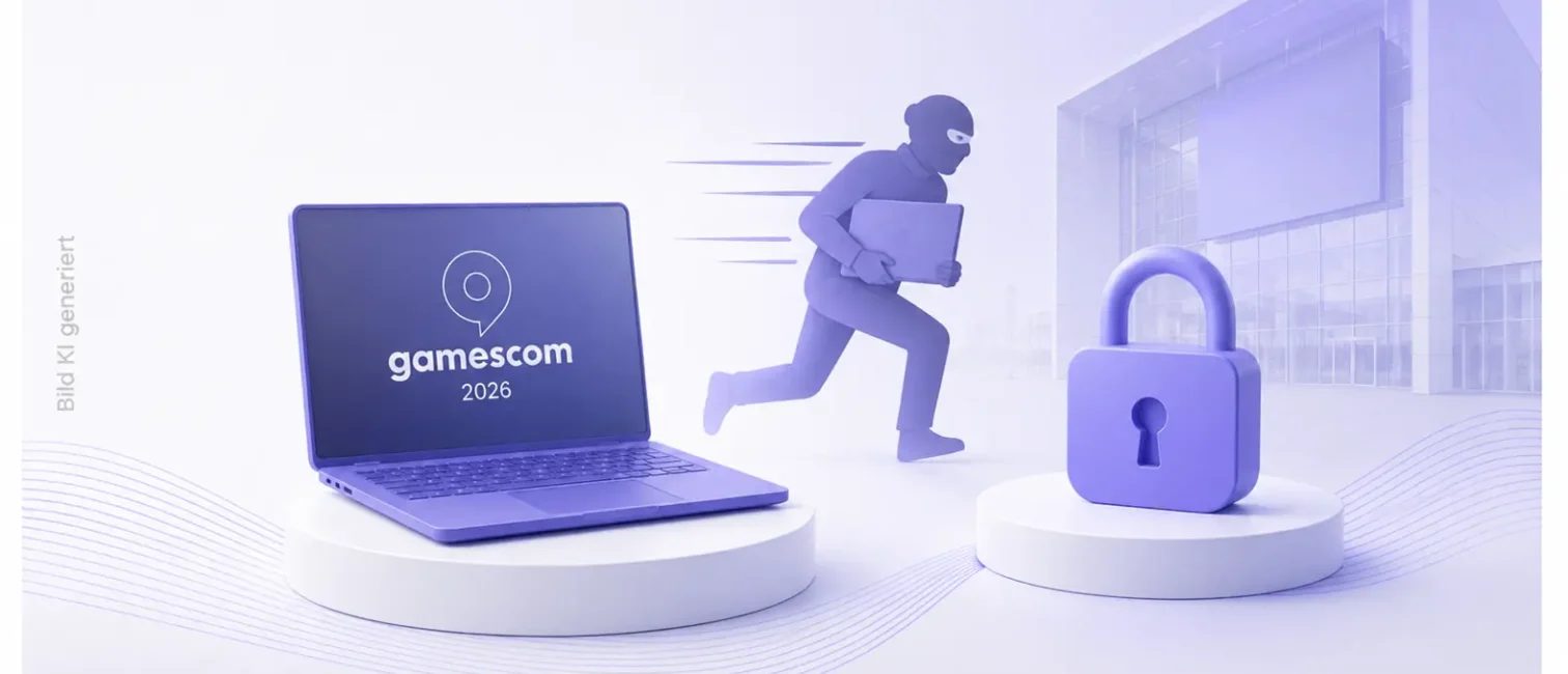 Gamescom 2026: Illustration eines gestohlenen Laptops vor einem Messegebäude mit flüchtendem Dieb und Sicherheitsschloss.