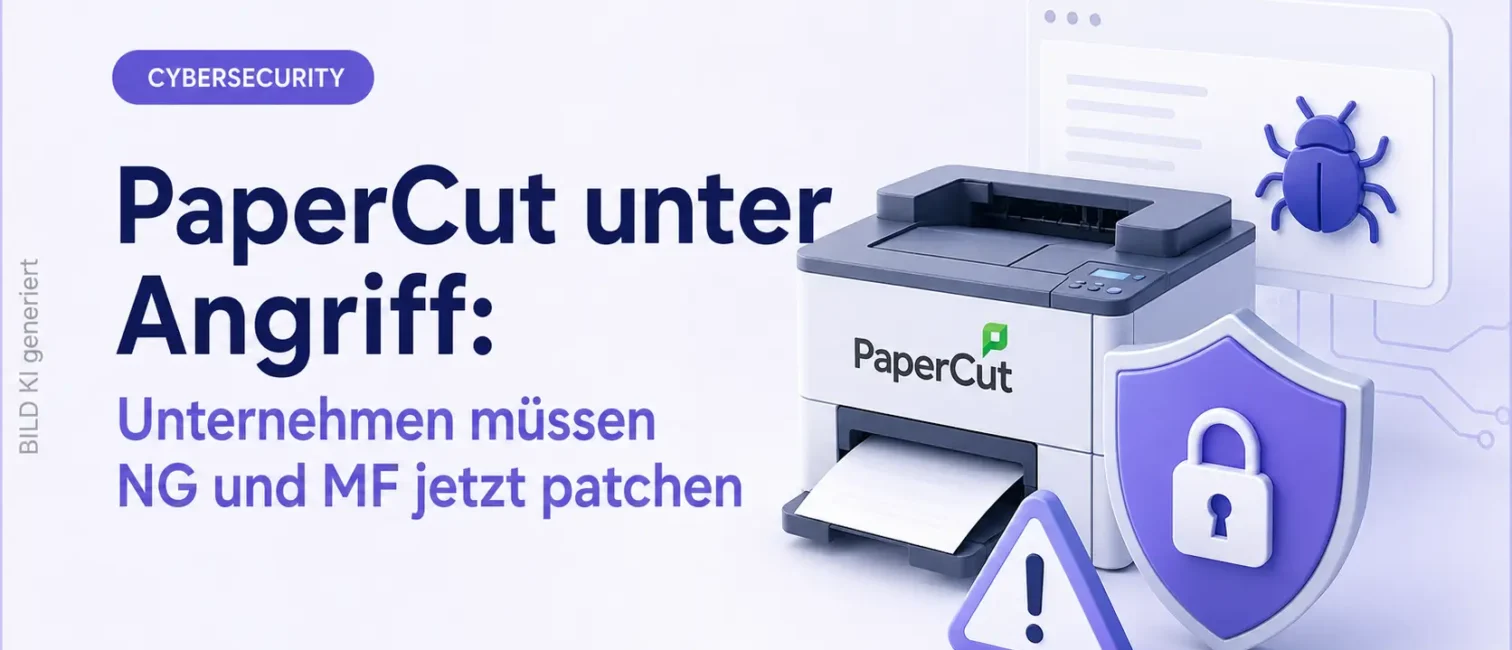 Netzwerkdrucker mit Schutzschild, Warnsymbol und Schadsoftware-Hinweis zur PaperCut-Sicherheitslücke.