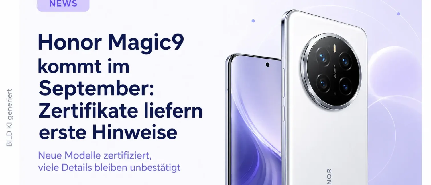 Honor Magic9 als stilisiertes Smartphone mit Kamera-Modul vor hellem Tech-Hintergrund zur September-Ankündigung.