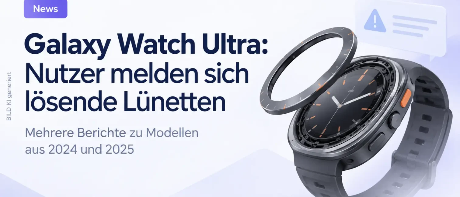 Illustration einer Galaxy Watch Ultra mit abgelöster Lünette vor hellem, reduziertem Tech-Hintergrund.