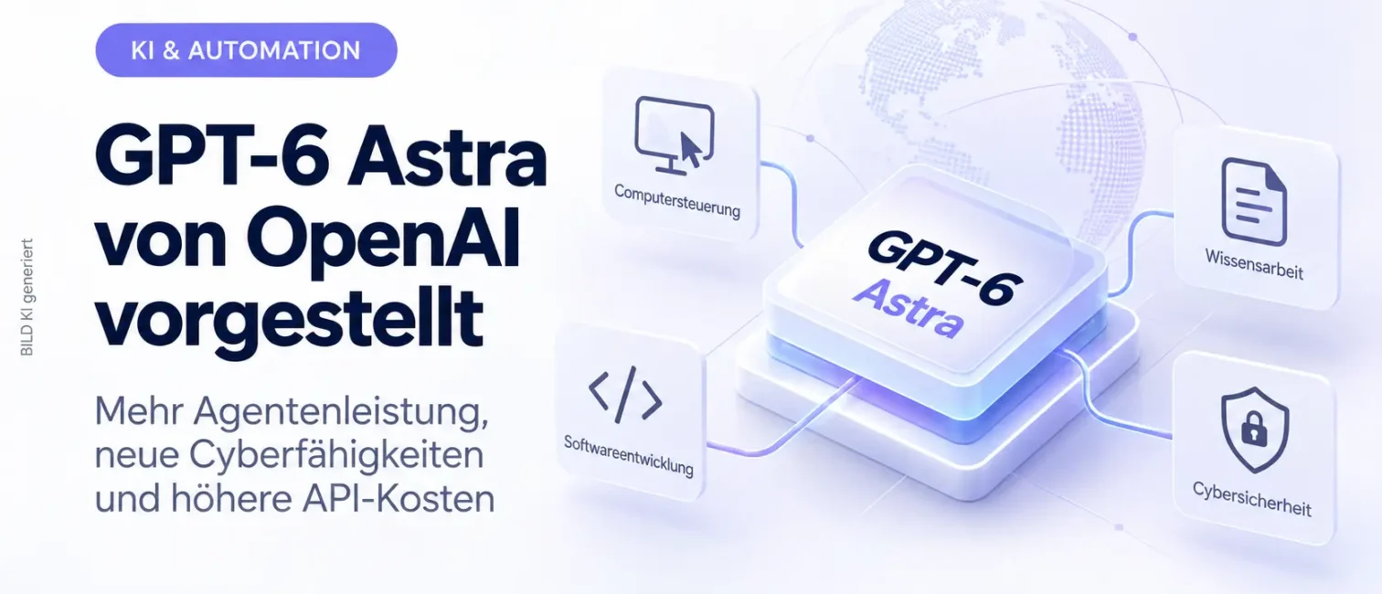 Helles Tech-Visual zu GPT-6 Astra mit KI-Chip, Agenten-Funktionen, Cybersecurity-Symbol und vernetzten Anwendungen.