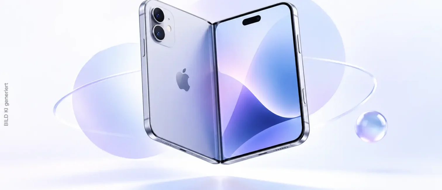 Faltbares Smartphone mit zwei Displays vor hellem lavendelfarbenem Hintergrund, mittig als Tech-Visual inszeniert.