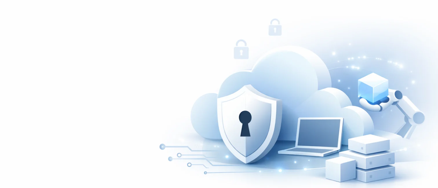 Minimalistische helle Illustration zu Cloud-Security mit Wolke, Schutzschild, Laptop, Servern und Roboterarm auf der rechten Bildseite.