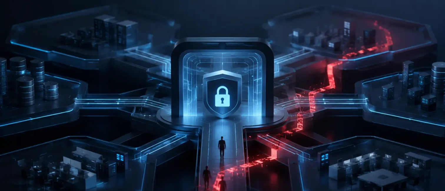 Modernes digitales Sicherheitsnetzwerk mit zentralem Login-Gateway und rotem Angriffspfad als Symbol für kompromittierte Authentifizierung.