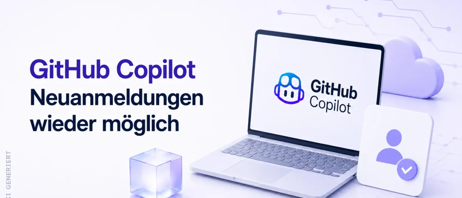 Helles Tech-Keyvisual zu GitHub Copilot Business mit Laptop, Copilot-Symbol und bestätigter Nutzeranmeldung.