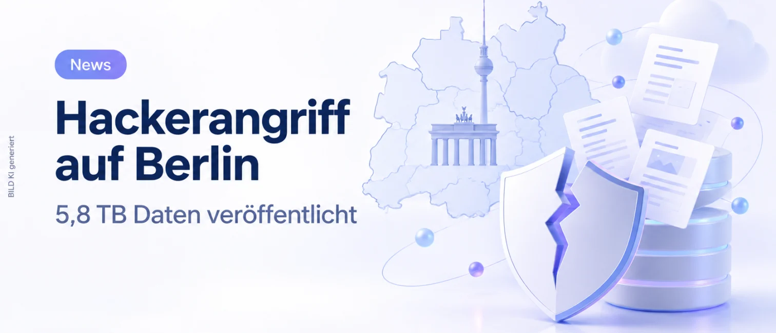Illustration zum Hackerangriff auf Berlin mit Berliner Karte, Fernsehturm, Datenkarten und gebrochenem Schutzschild.
