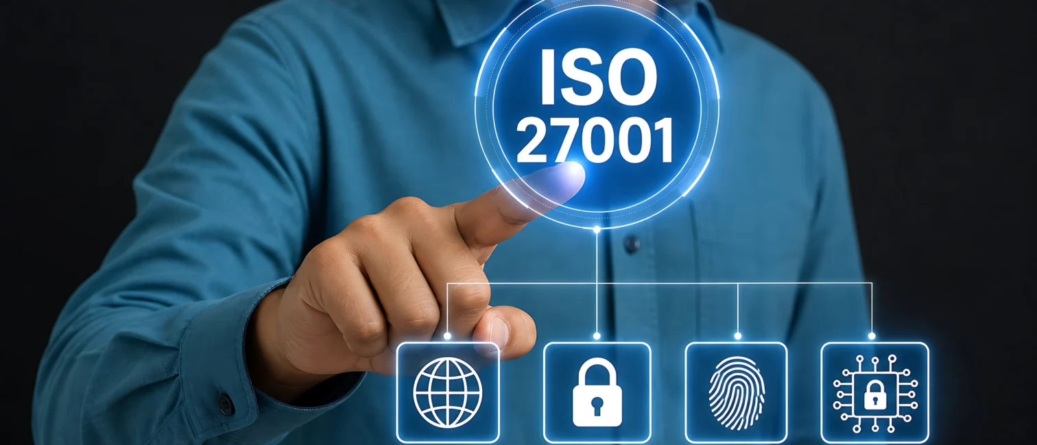 Ein Finger drückt einen Button mit der Aufschrift ISO 27001
