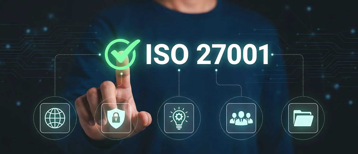 Eine Hand klickt auf einen ISO 27001 Button