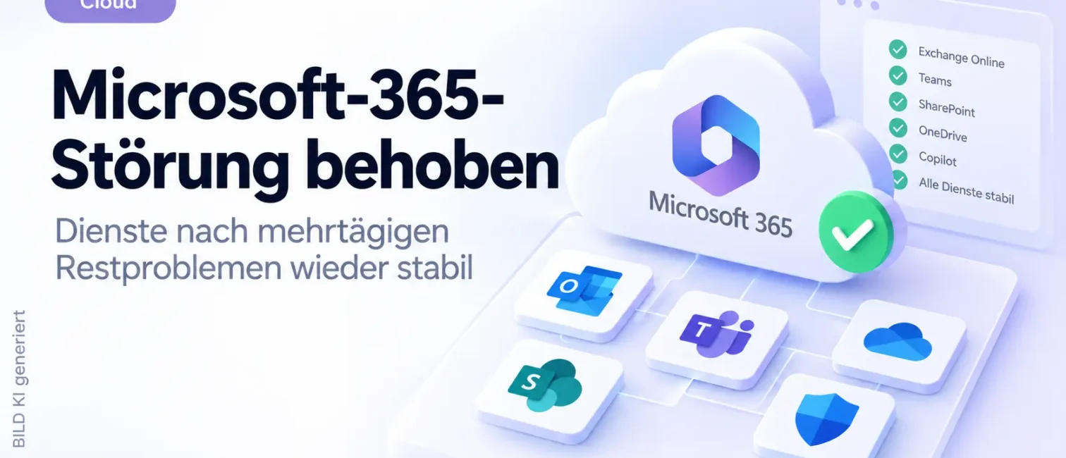 Helle Microsoft-365-Cloud mit Outlook, Teams, SharePoint und OneDrive sowie grünem Haken nach behobener Störung.