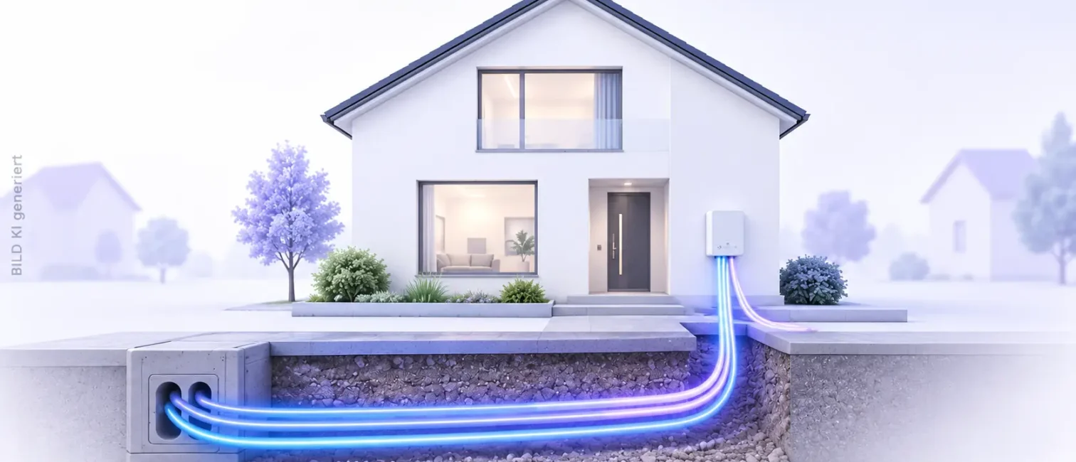Helles Tech-Visual mit Wohnhaus und Glasfaserleitung, die vom Straßenanschluss bis ins Gebäude führt.
