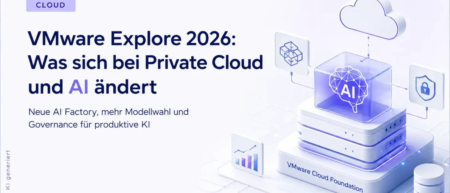 Helle VMware-Cloud-Infrastruktur mit AI-Core zeigt den Ausbau von Private Cloud und KI auf der VMware Explore 2026.