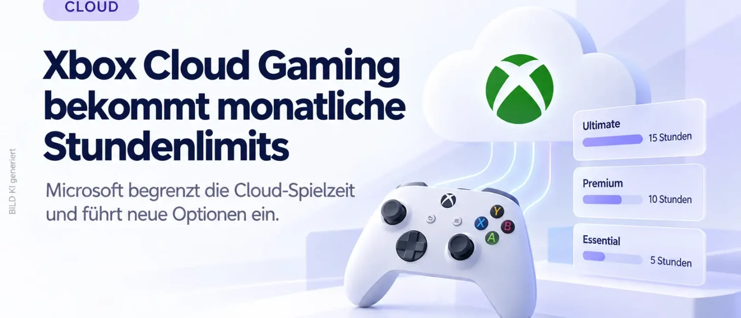 Helles Tech-Visual zu Xbox Cloud Gaming mit Controller, Cloud und Tarifkarten für monatliche Stundenlimits.