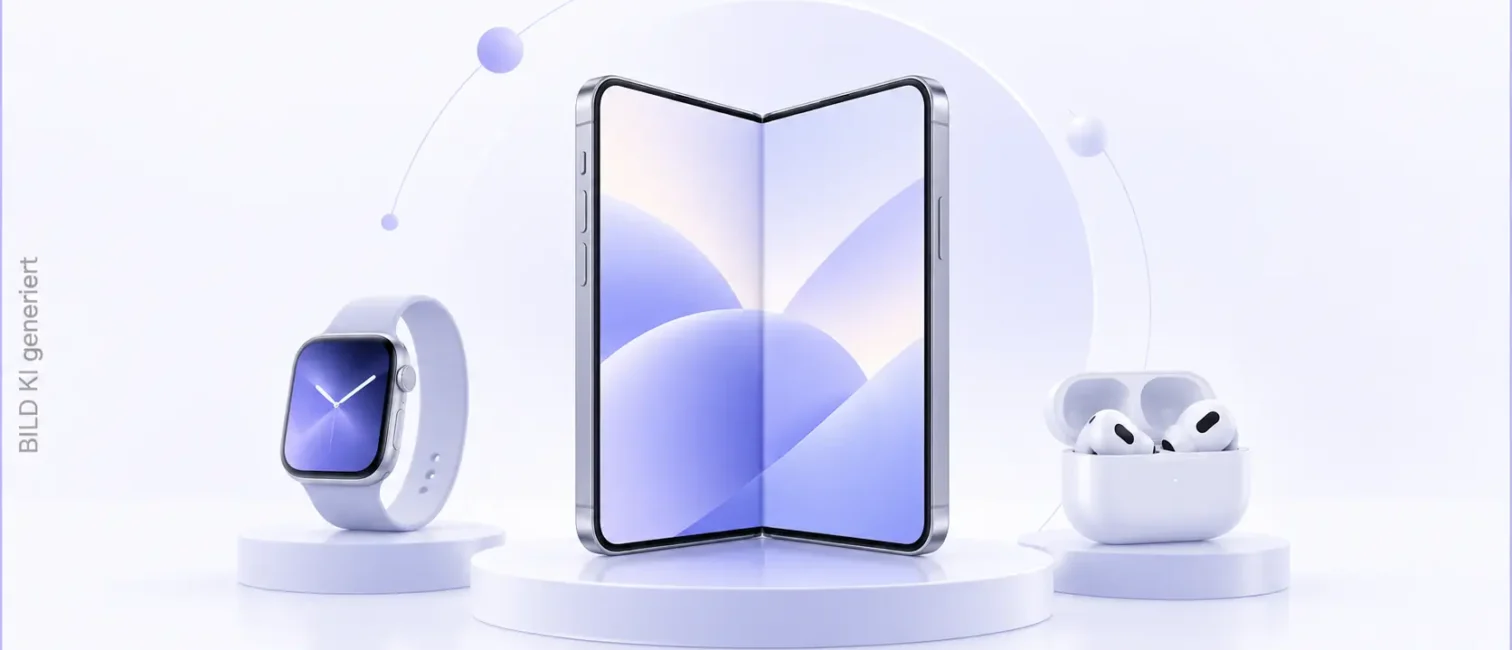 Faltbares iPhone im Zentrum, flankiert von Apple Watch und AirPods in einer hellen, violett-blauen Tech-Szene.