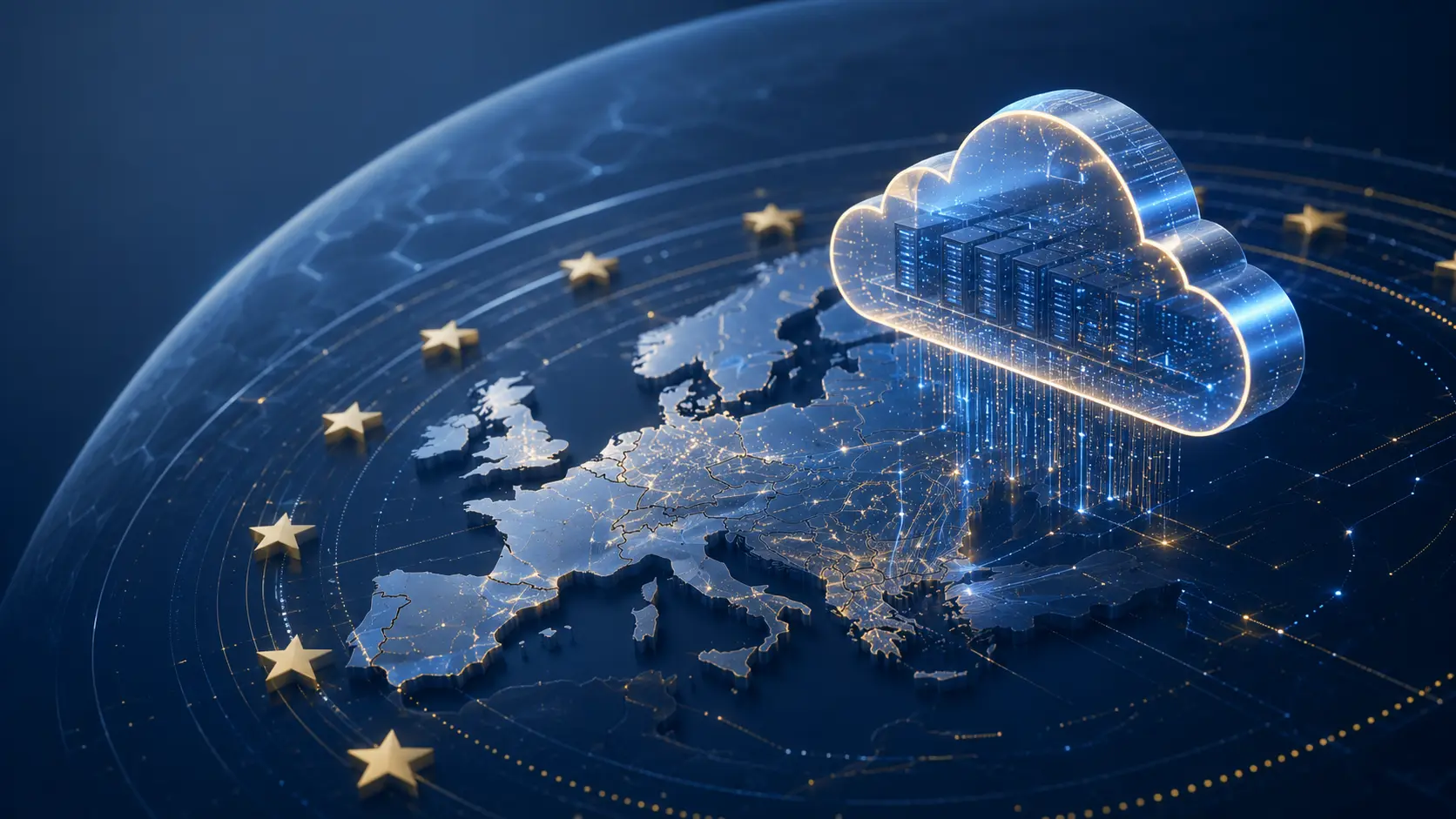 Futuristische Europa-Karte mit leuchtender Cloud-Infrastruktur und digitalen Datenströmen als Symbol für europäische Cloud-Souveränität.