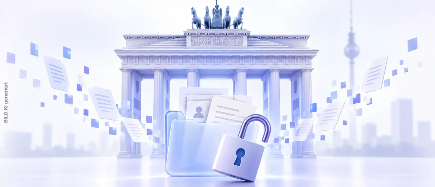 Brandenburger Tor mit offenem Schloss und abfließenden Dokumenten als Symbol für den Cyberangriff auf Berlin.
