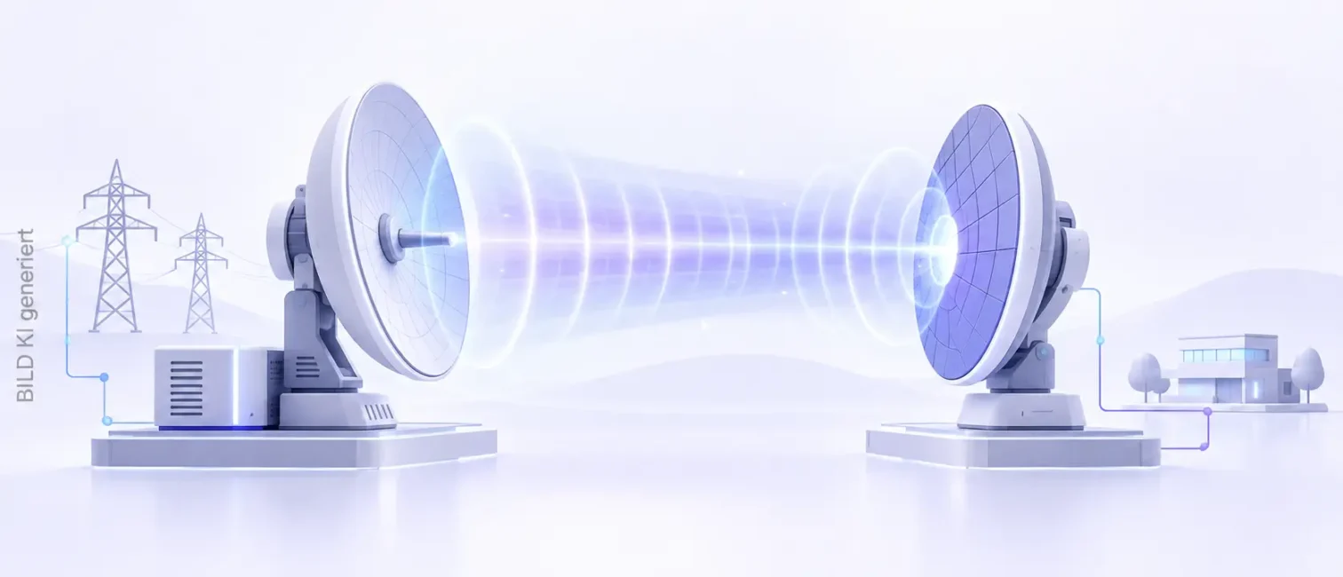 Zwei Antennen übertragen Energie per Mikrowelle drahtlos zwischen Stromnetz und Gebäude in heller Tech-Illustration.