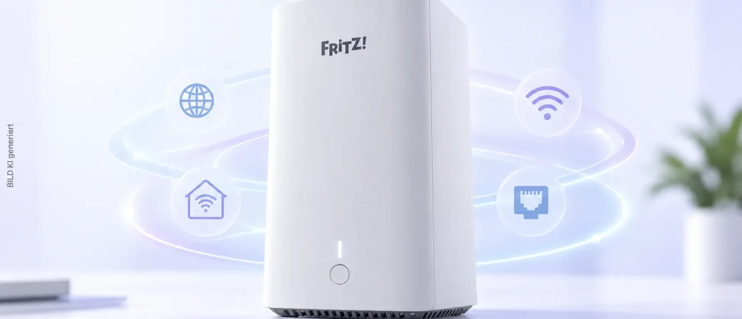 Heller Router im Zentrum mit dezenten Netzwerk- und WLAN-Symbolen vor weiß-lavendelfarbenem Hintergrund.