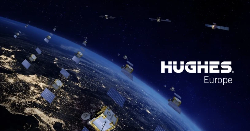 Hughes Logo mit Satelliten und der Planet Erde