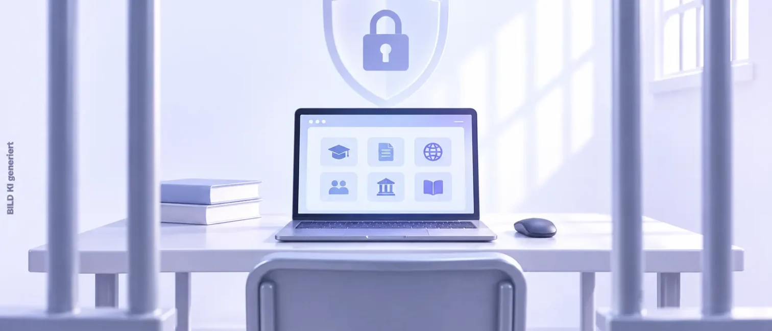 Abgesicherter Computerarbeitsplatz mit Zugangskontrolle als Symbol für den Internet-Pilotversuch in NRW-Gefängnissen.
