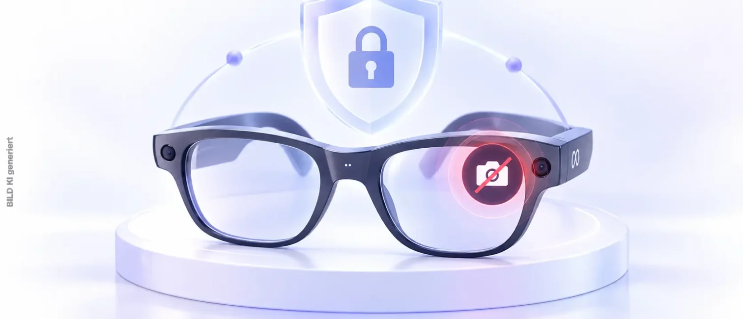 Meta Smart Glasses mit deaktivierter Kamera und Sicherheitssymbol als Hinweis auf manipulierte Aufnahmefunktionen.